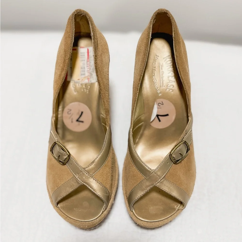 Kork-Ease Tan Suede Wedge Sandals with Metallic Accent
